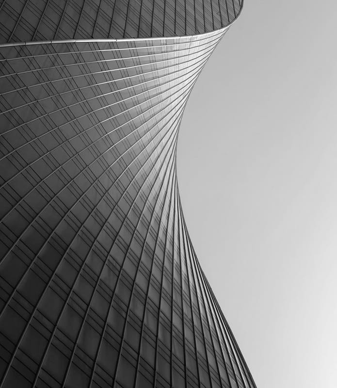 Black-and-white view of architectural towers